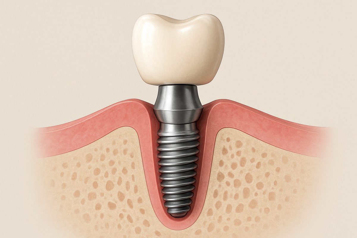 Image showcasing the three main components of a dental implant: the implant (post) below the gum line, the abutment (connector), and the crown (artificial tooth) above the gum line. No text on image.