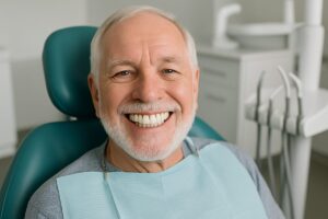 Image of a smiling senior patient in a dental chair, showcasing a perfect set of full top teeth implants. No text on image.