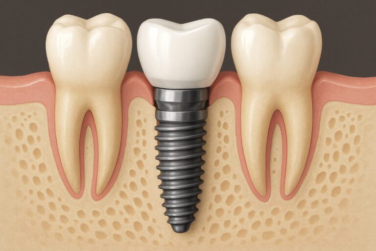 Close up of a patient in a dental chair, with a dentist pointing to a dental implant tooth model, explaining the benefits and procedure. No text on image.