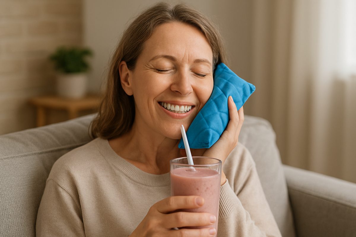 Image of a patient post dental implant, resting comfortably at home with an ice pack on their cheek, enjoying a soft smoothie. No text on the image.