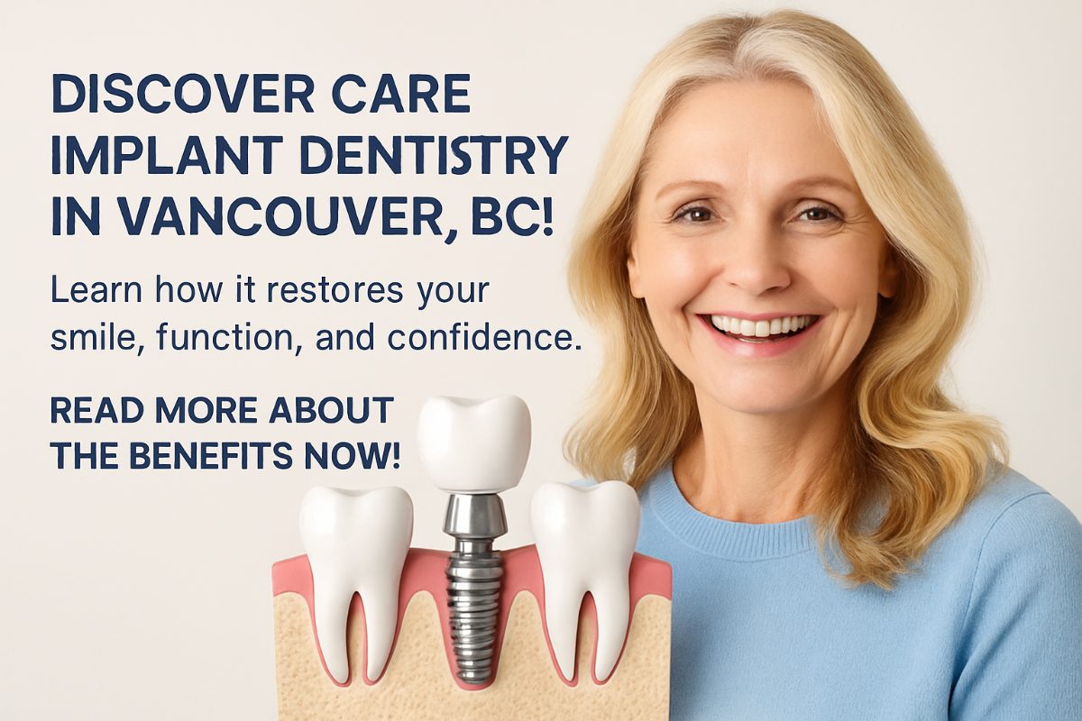 An image showcasing a dentist in Vancouver, BC, consulting with a patient about care implant dentistry, emphasizing the comprehensive approach to restoring smiles and oral health. The scene includes digital planning tools in the background, symbolizing the precision and technology involved in the process. No text on the image.