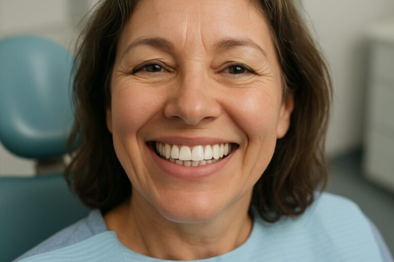 An image depicting a patient smiling after receiving a dental implant, showcasing natural-looking teeth. No text on image.