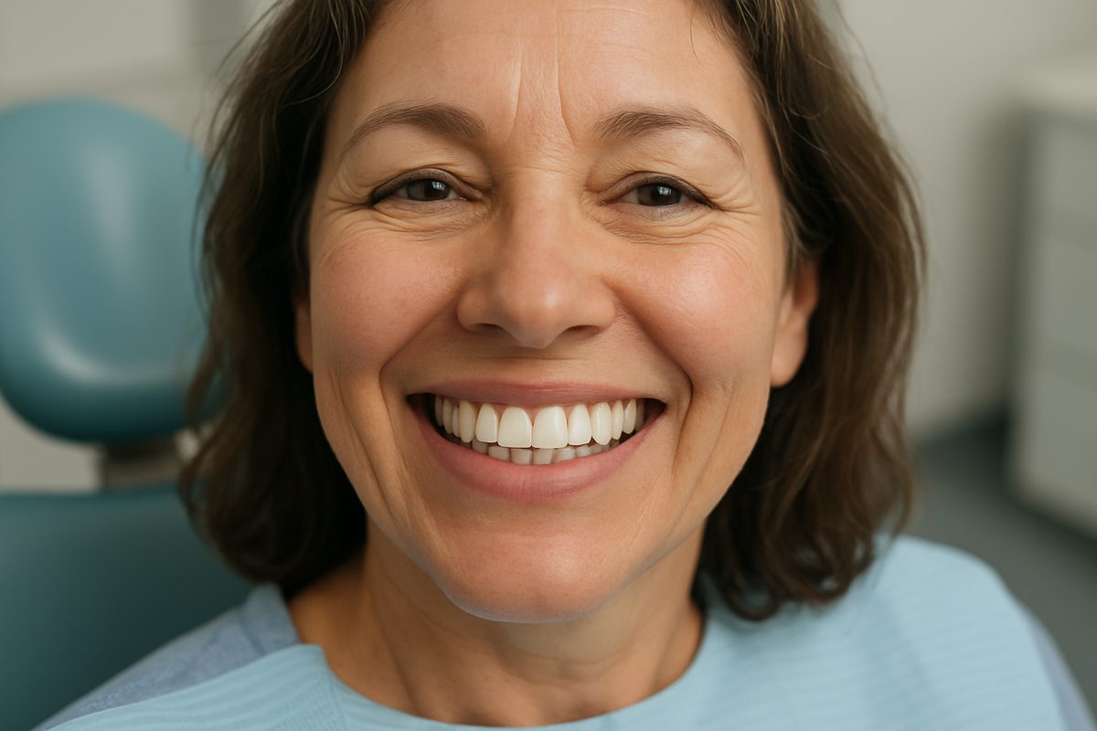 An image depicting a patient smiling after receiving a dental implant, showcasing natural-looking teeth. No text on image.